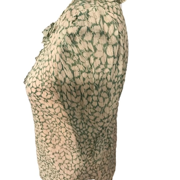 Rebecca Taylor Ikat Lurex Metallic Green/White Leaf Ruffle Blouse - Size 2 - Picture 3 of 12